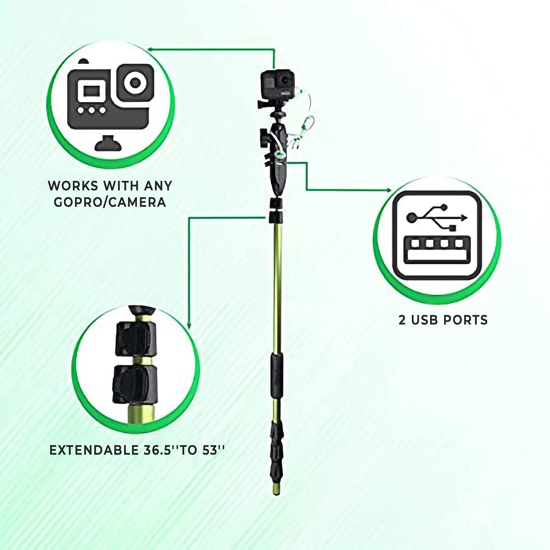 Yolotek Powerstick 53'' Superbundle Gopro Boat Mount & Constant Power Veteran Owned. Go Pro Camera Bass Boat Accessories. Gopro